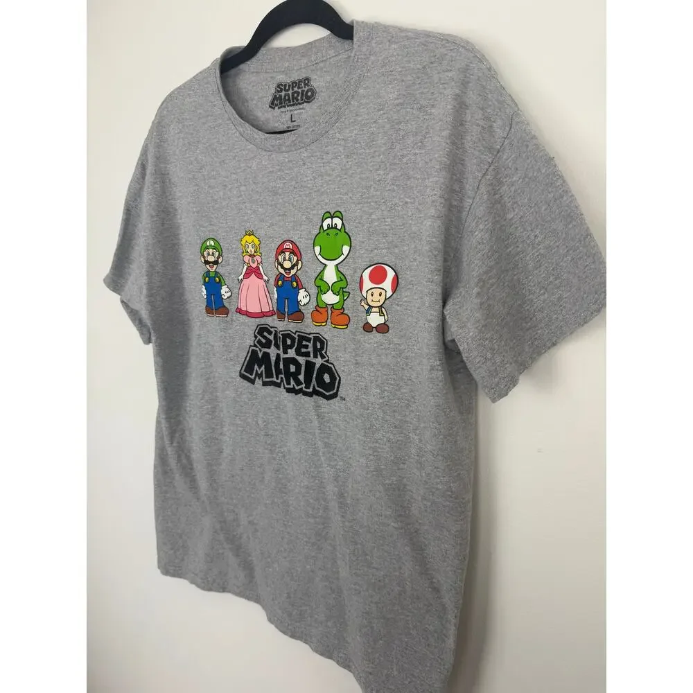 Super Mario Nintendo Graphic Luigi Mario Yoshi Peach Toad Gray T-Shirt Large